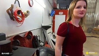 Busty Blonde Gives Mechanic A Blowjob To Settle The Bill